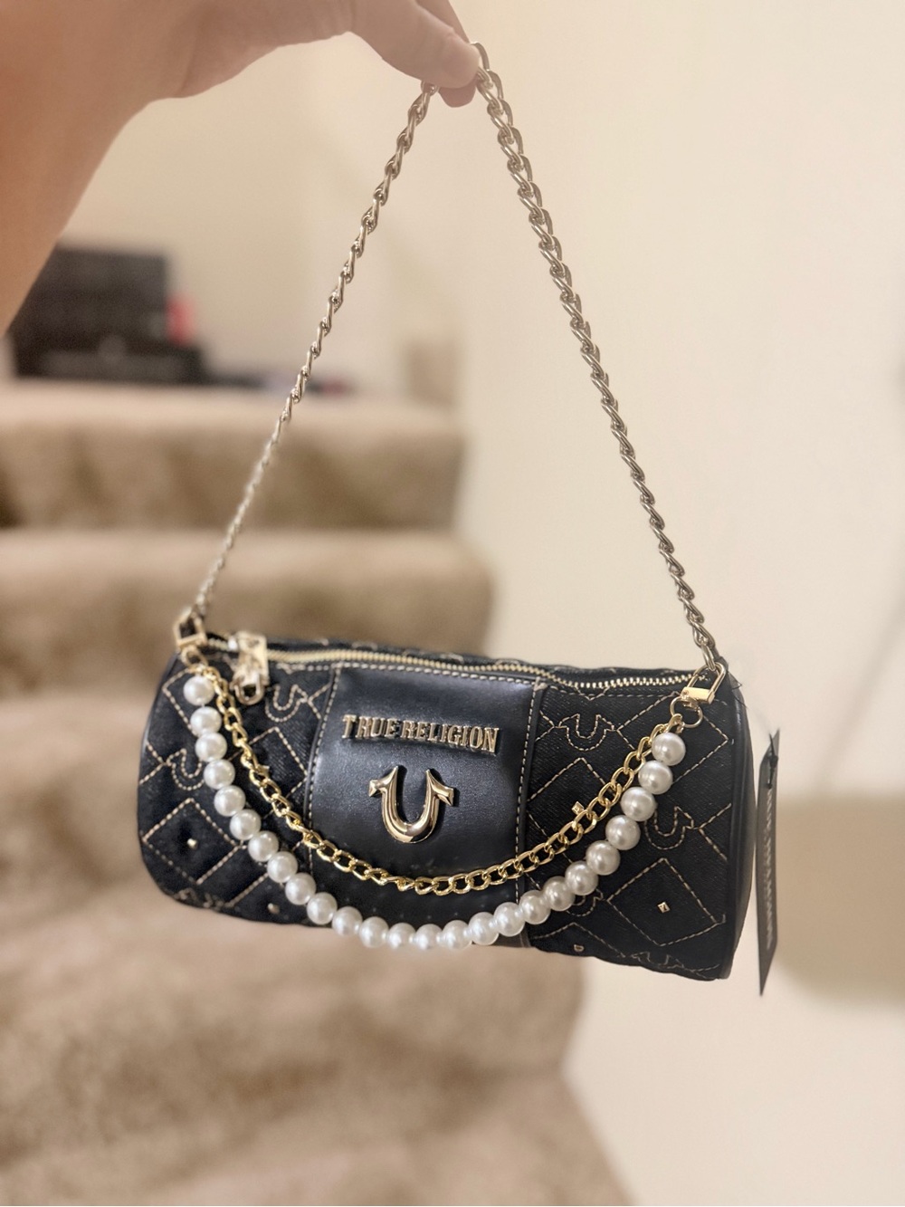 True Religion Black Denim Quilted Shoulder Bag with Gold Hardware